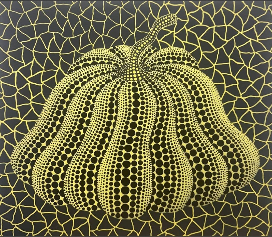 油絵 草間彌生 直筆サイン かぼちゃ 南瓜 1995年制作 アトリエ 傑作美術館