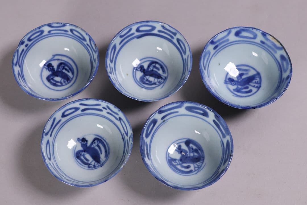 中国 染付 煎茶椀 五客 山水 鳥図 茶器 陶磁器 【MA581】