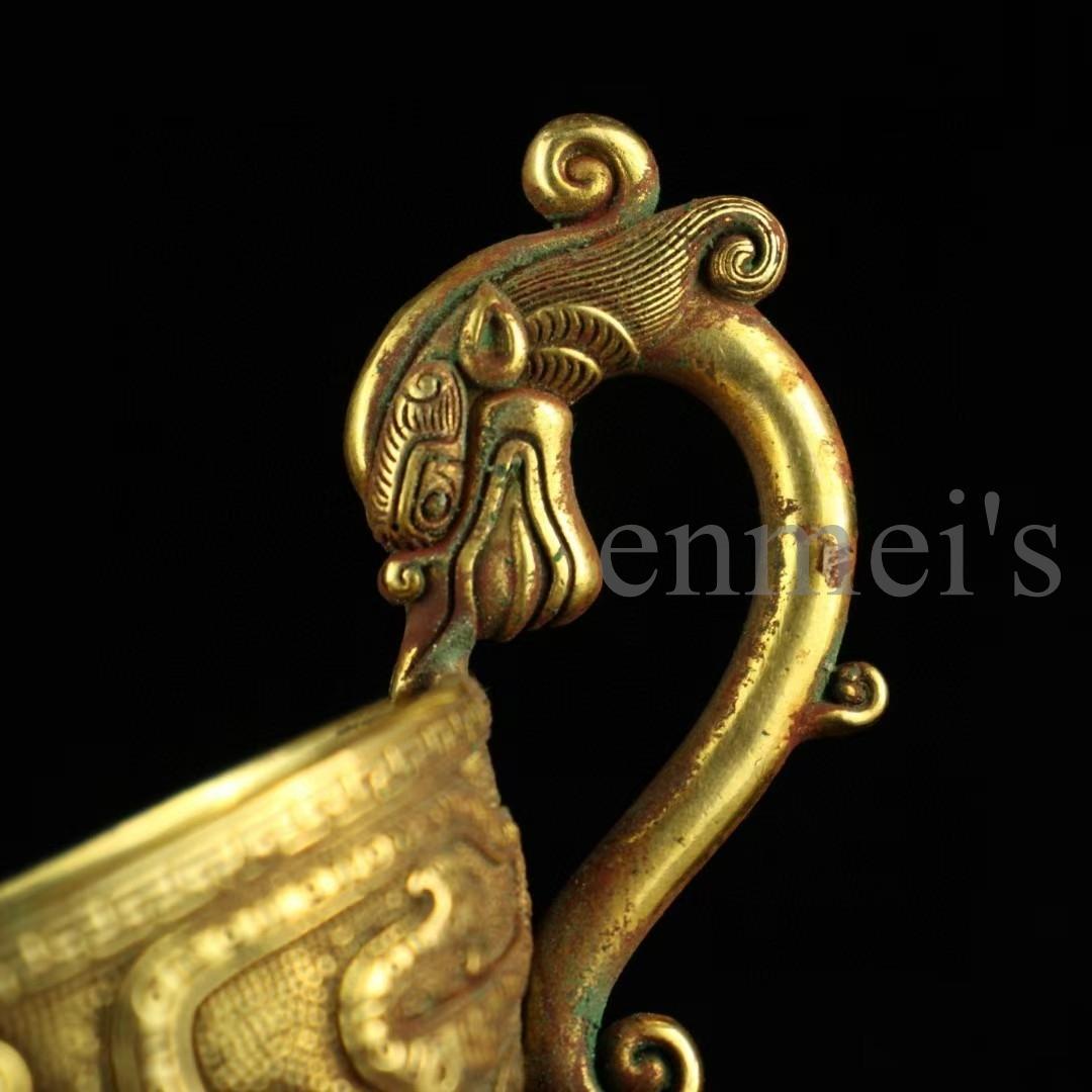 中国古美術・珍蔵純銅製・鎏金酒杯・高浮彫船型三足酒具・茶道具・酒器・風水置物
