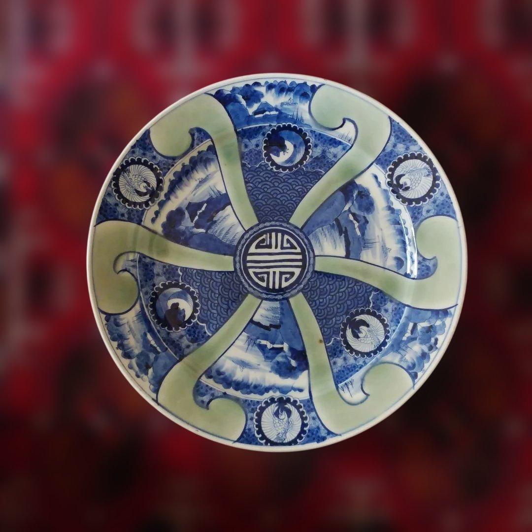 希少　珍品　 古伊万里 有田官窯　青磁染付大皿　特大皿　口径約44cm　有田焼