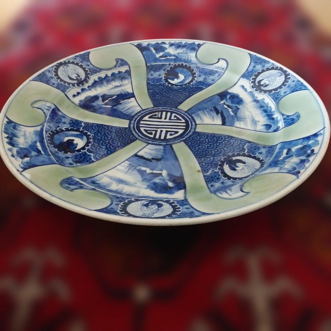希少　珍品　 古伊万里 有田官窯　青磁染付大皿　特大皿　口径約44cm　有田焼