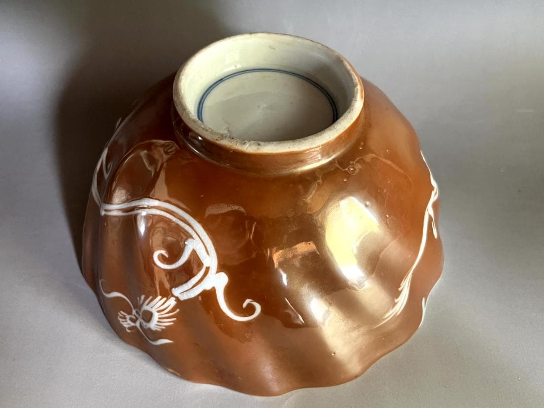 鉢■内染付唐草紋外茶釉龍紋捻り型大鉢 江戸期 菓子器 古美術 時代物 骨董品■