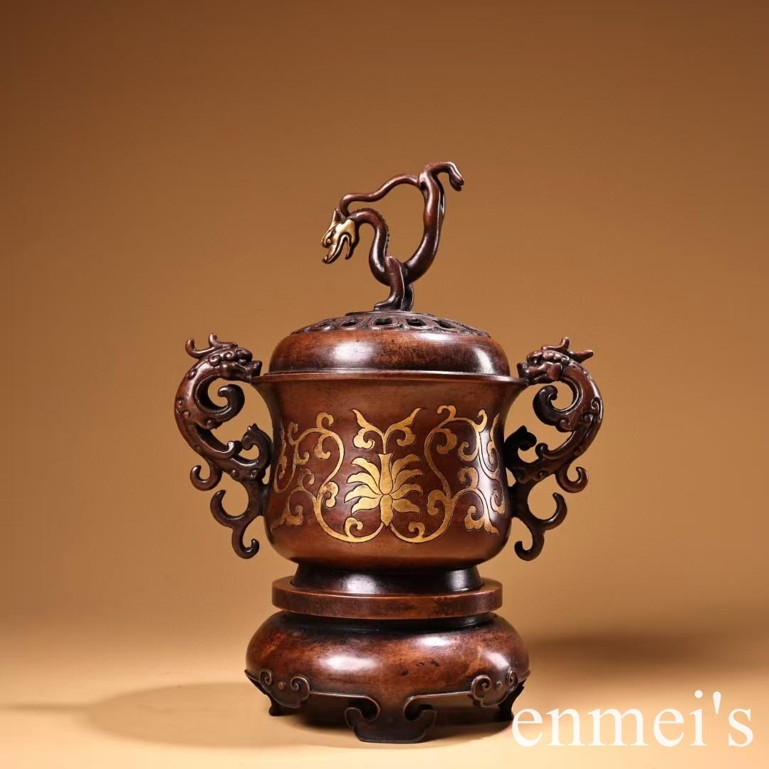 中国古美術・旧藏銅鎏金鎏金双龍台座付き香炉・線香炉・純紫銅・純手作り・文房置物