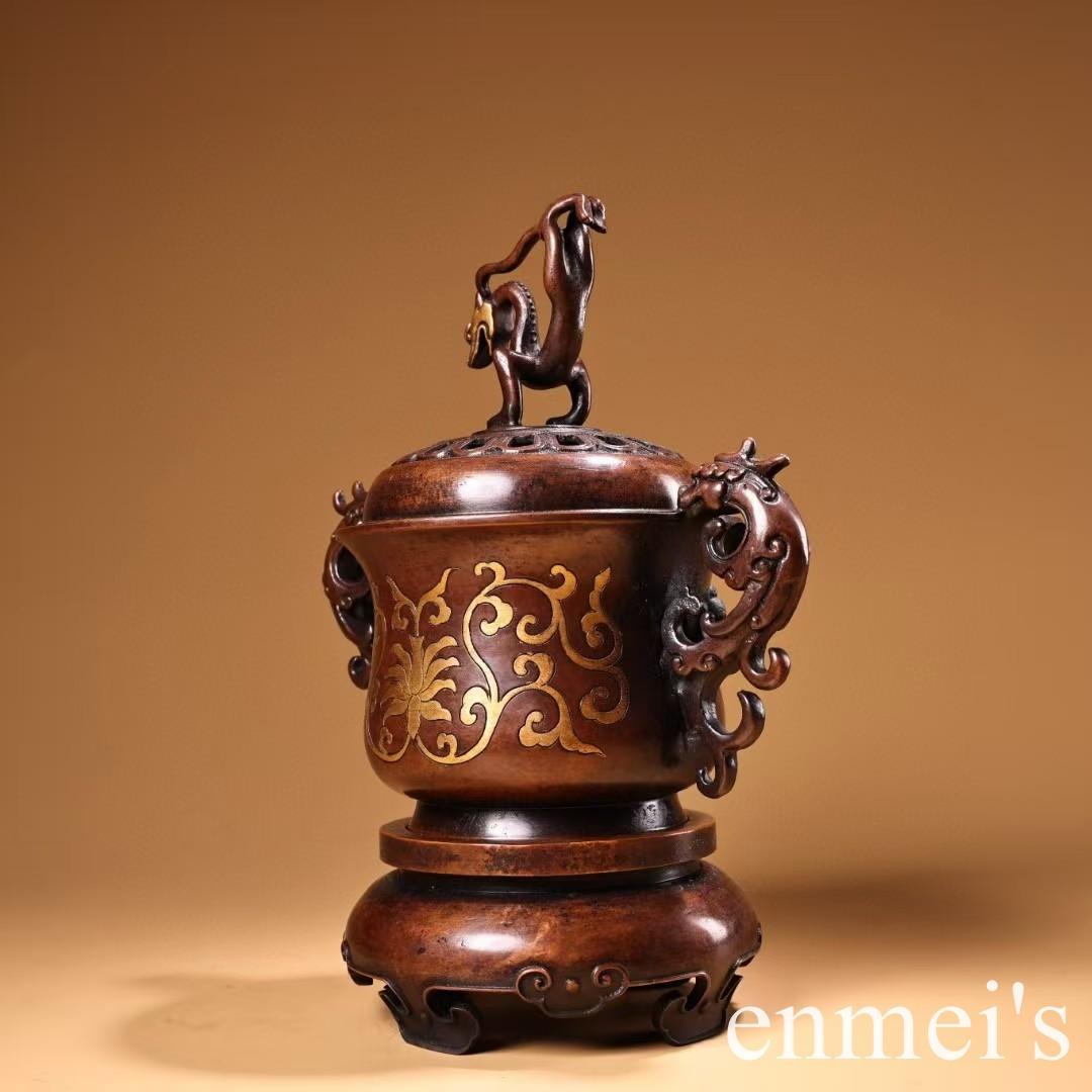 中国古美術・旧藏銅鎏金鎏金双龍台座付き香炉・線香炉・純紫銅・純手作り・文房置物