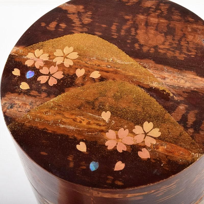 茶道具　越前塗師　中出松峰作　遠山桜蒔絵　桜皮中次　棗　共箱　V　R4973