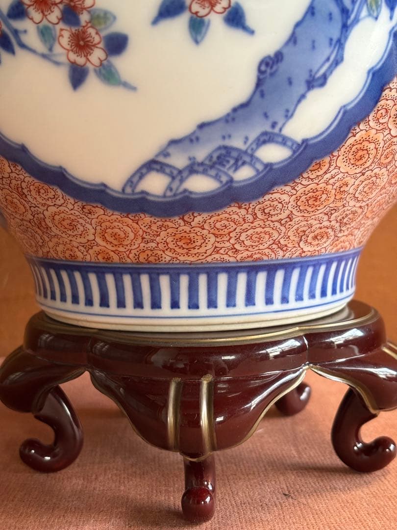 人間国宝十三代今泉今右衛門作色鍋島江戸期名品文様桜牡丹藤袴文瓶　検最上位作品