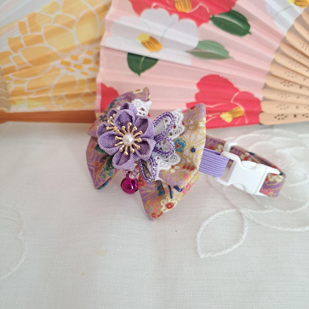 お正月、つまみ細工リボン(紫①)わんちゃん猫ちゃん用首輪