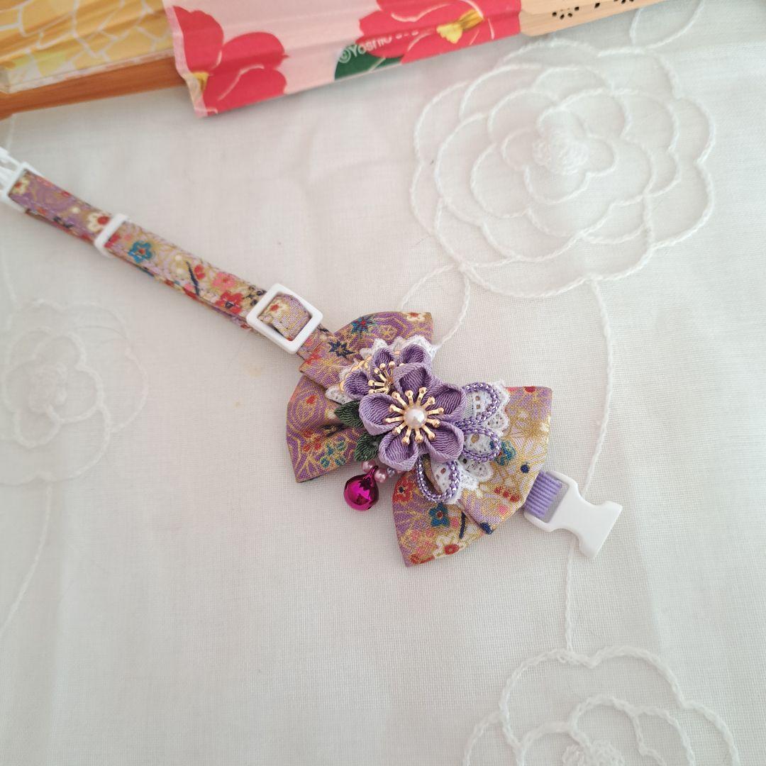 お正月、つまみ細工リボン(紫①)わんちゃん猫ちゃん用首輪