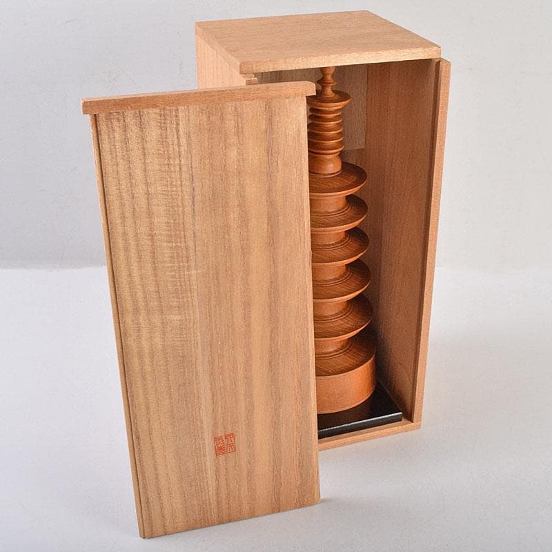 仏教美術　木彫　四天王寺古材　五重塔　多宝塔　百萬塔　台付　共箱　M　R9281