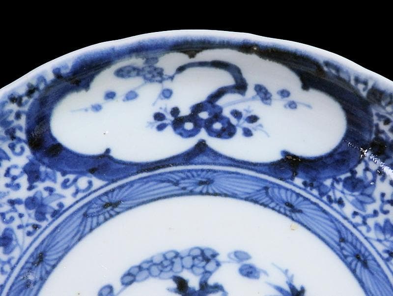 古伊万里　染付 窓絵　松竹梅に萩唐草の図　５寸半皿　291AS-CWt