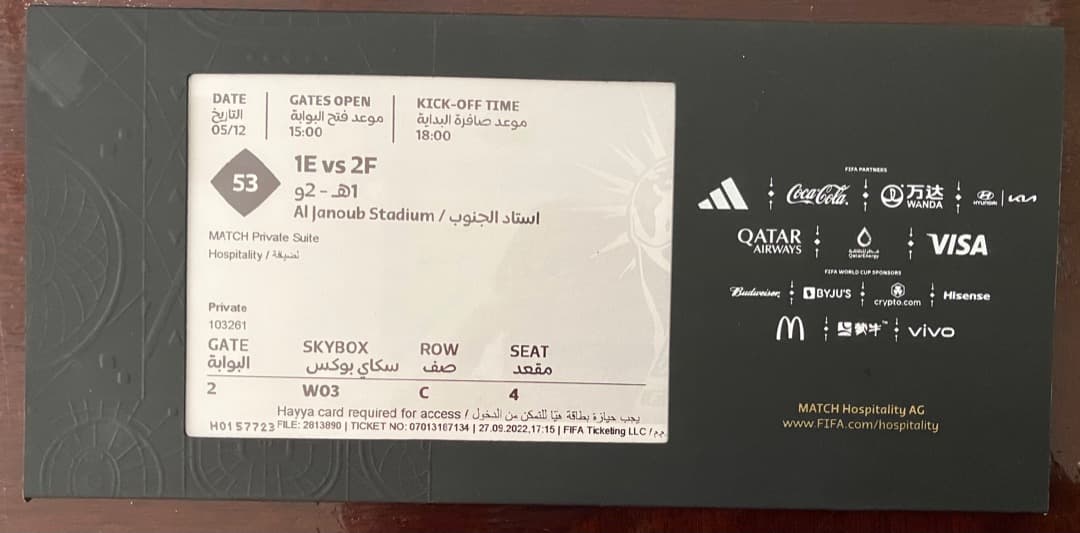 ワールドカップカタール日本vsクロアチアHOSPITLITYチケット53−３