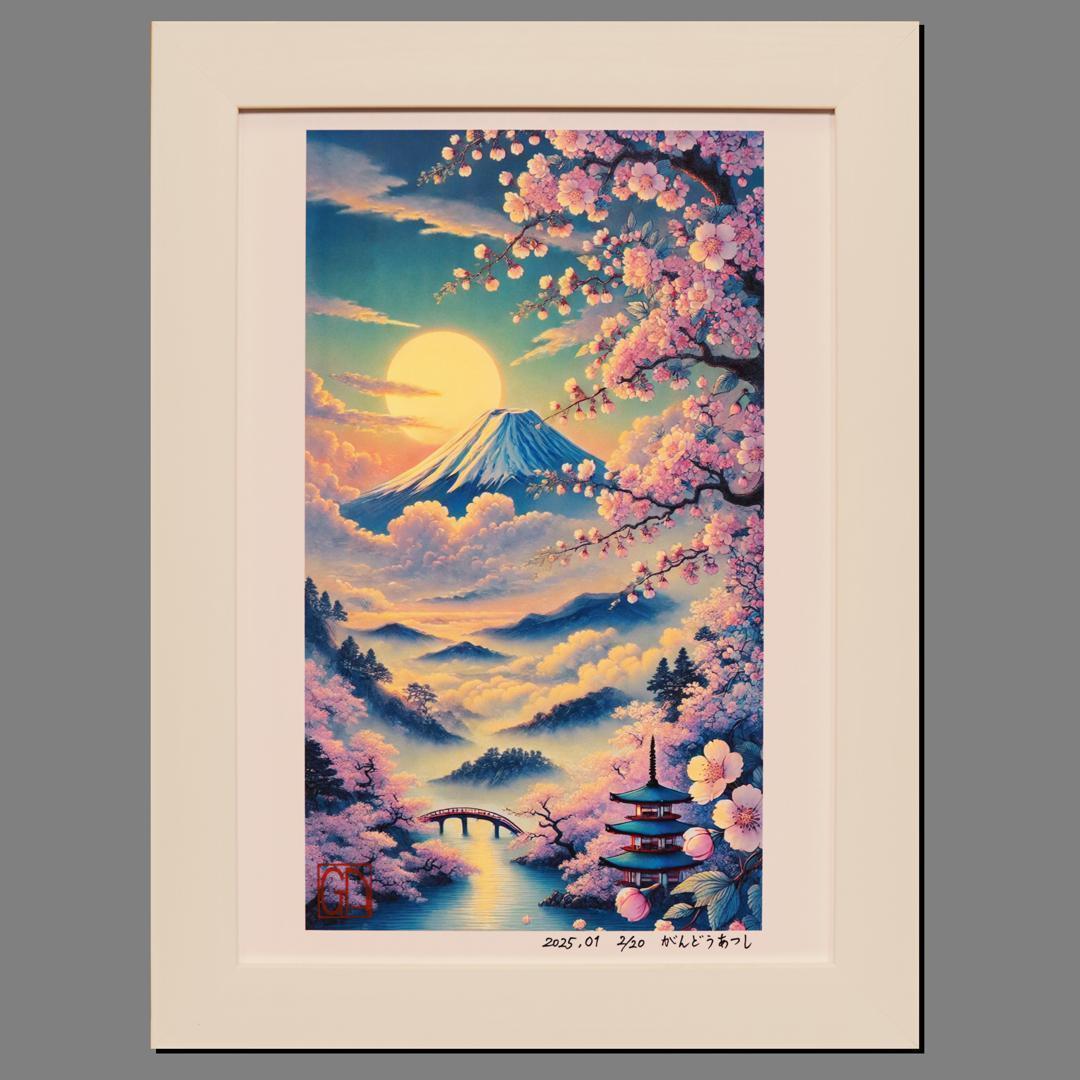 ●【1年経って見えてきたAIアート】桜富士山日本20枚限定A4額●がんどうあつし