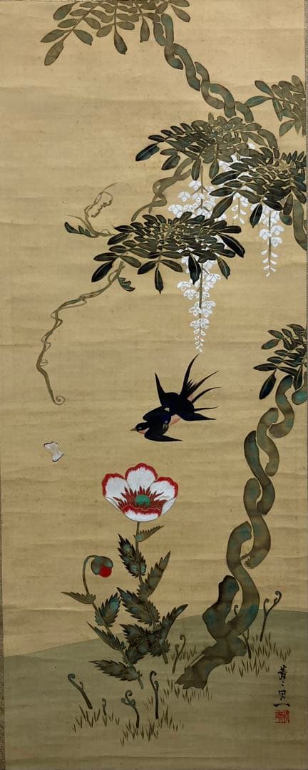 鈴木其一　肉筆　絹本　掛軸　識箱　2重箱 (左／蜻蛉を追う雀)（右／蝶を追う燕）