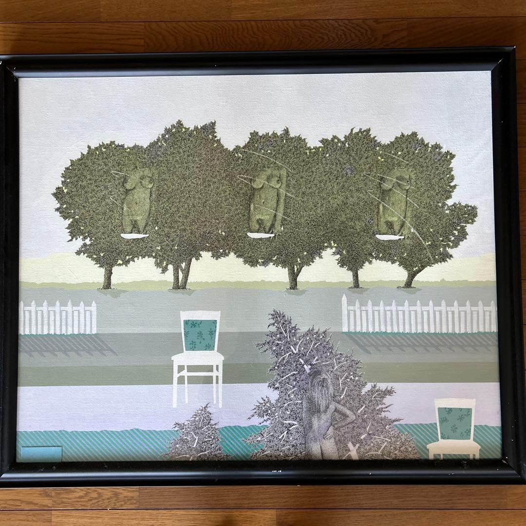 【値下げ】キャンバス　油彩 　箕村禧男　1978年「淑女の紙芝居」 ☆図録付き