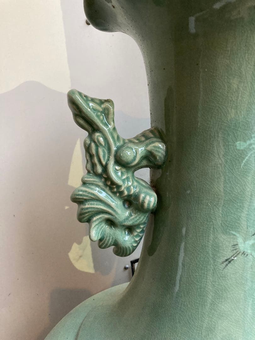 青山作　特大壺　青磁　透かし 雲鶴紋　二層網目　訳あり　花瓶　網目彫　緑色　双耳