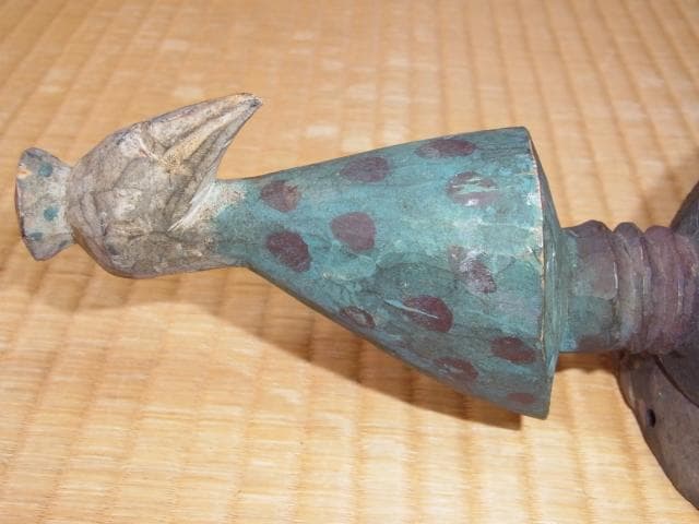 ◆コートジボワール、リマ辺り◆100年以上【民族仮面（マスク）緑黒の顔、頭に鳥