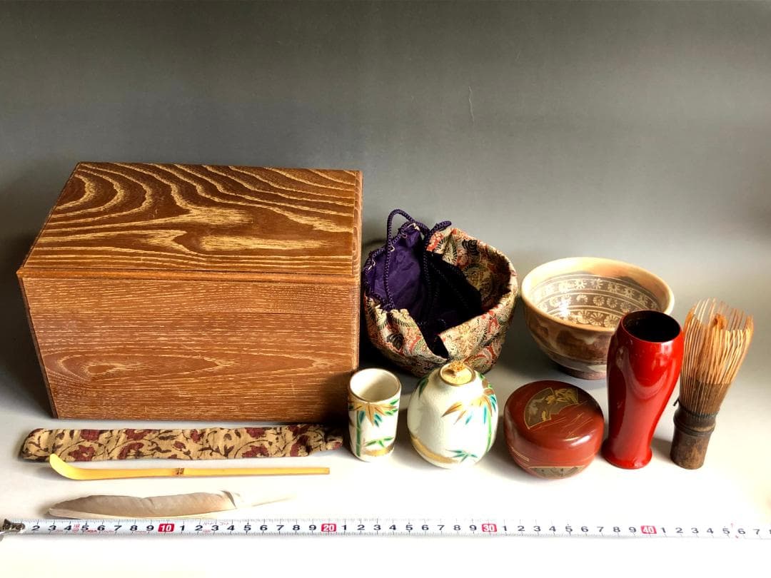 茶箱■お茶道具セット 利休茶箱 京焼 刷毛目茶碗 朱塗り棗 8点 時代物 骨董■