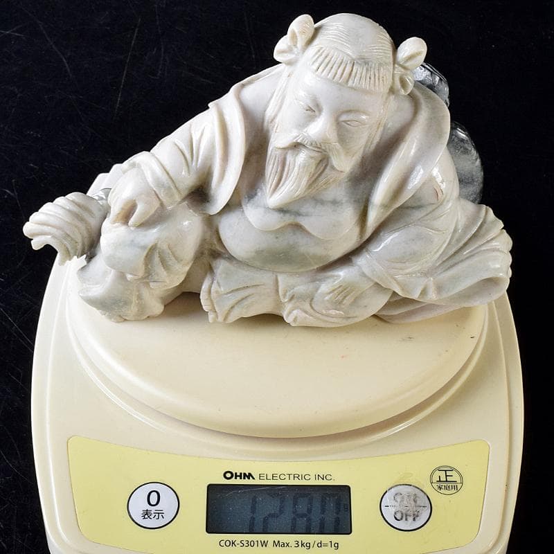 中国　玉石翡翠彫刻　福禄寿像　置物　約1280g　M　R8298