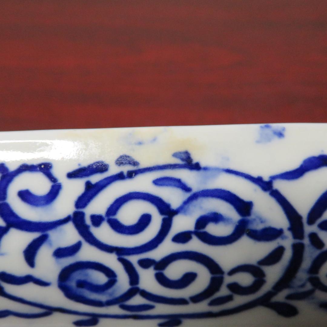 角皿 角長皿 印判 染付 微塵唐草 明治 大正 ベロ藍 松竹梅 窯傷