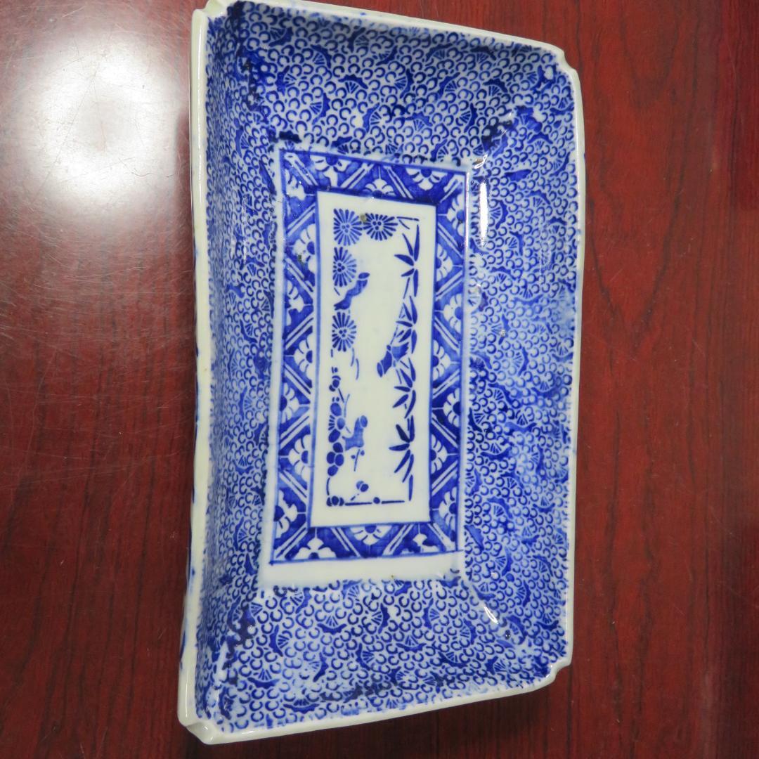 角皿 角長皿 印判 染付 微塵唐草 明治 大正 ベロ藍 松竹梅 窯傷