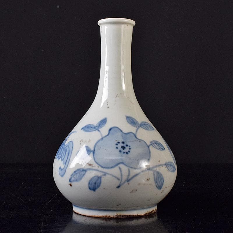 朝鮮美術　李朝　染付　蝙蝠花文　徳利　長顎瓶　時代箱付　M　R8385