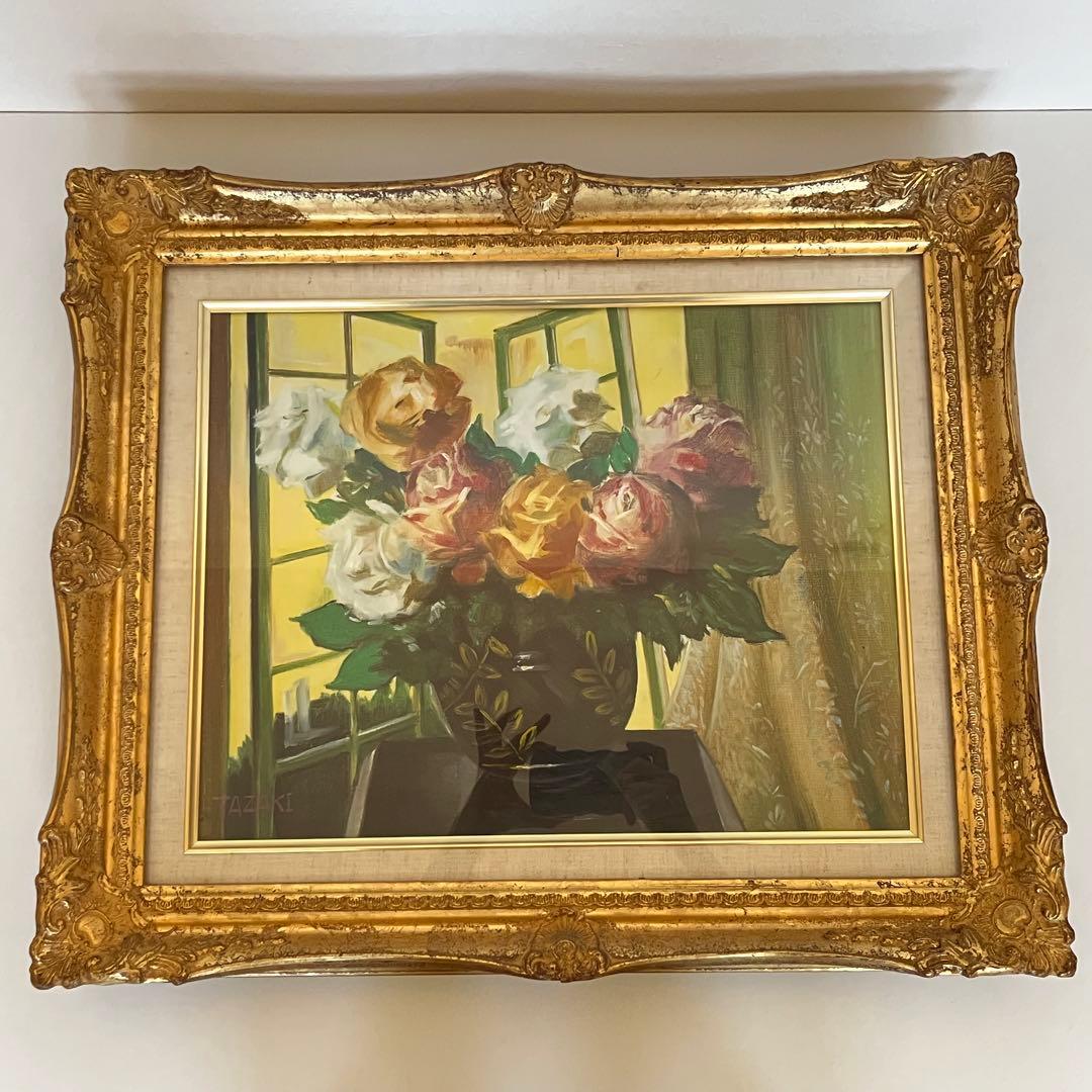 真作　肉筆油絵　窓辺のバラ　田崎順平　F6 額縁　花