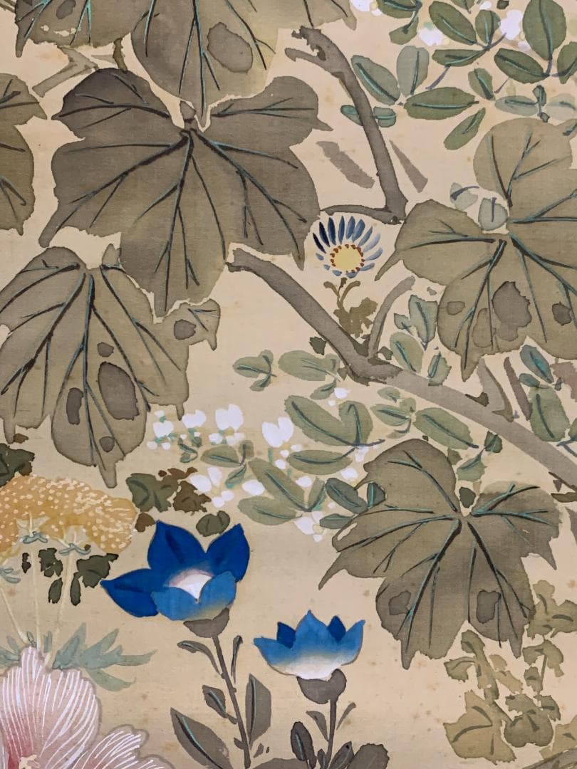 谷口月窓 月に萩 秋草花に飛蝗図 絹本 肉筆 掛軸 日本画 幕末期 896