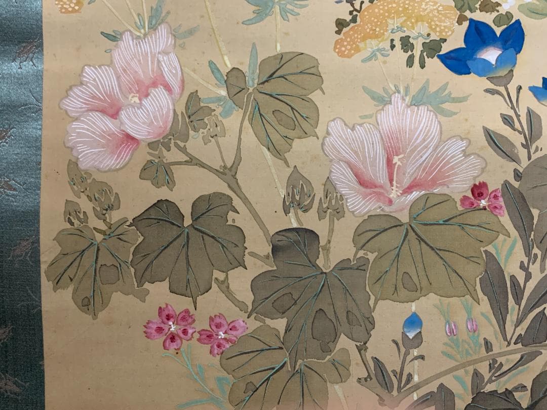 谷口月窓 月に萩 秋草花に飛蝗図 絹本 肉筆 掛軸 日本画 幕末期 896