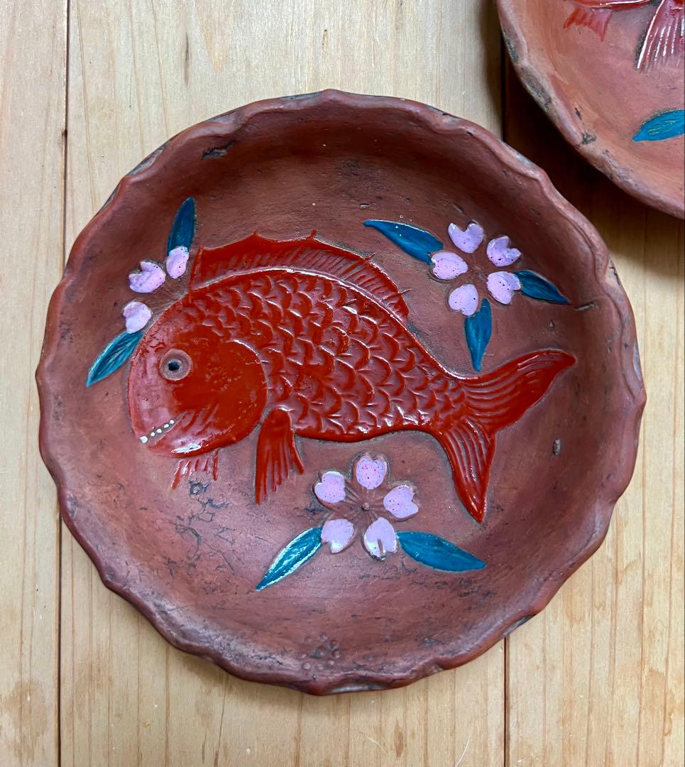 せんべい皿　鯛の図B 5枚セット　絵備前　色備前　備前焼　小皿　アンティーク