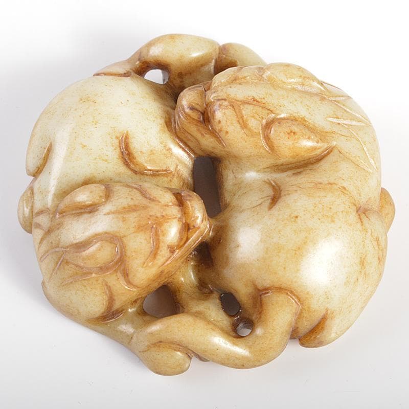 中国　玉石彫刻　神獣刻　根付　紙鎮　置物　C　7342E