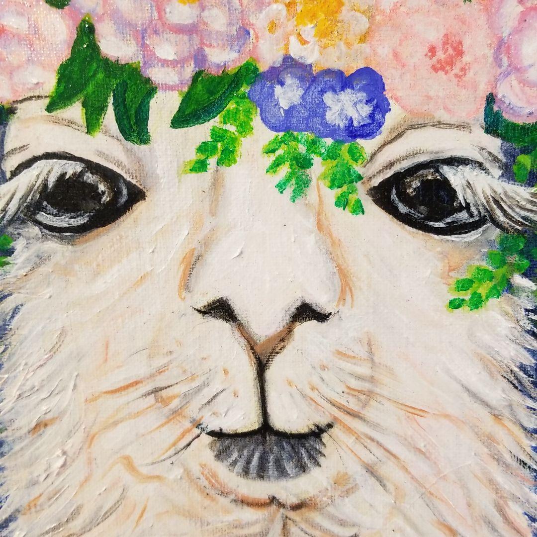油絵　頭に花をのせたラマ