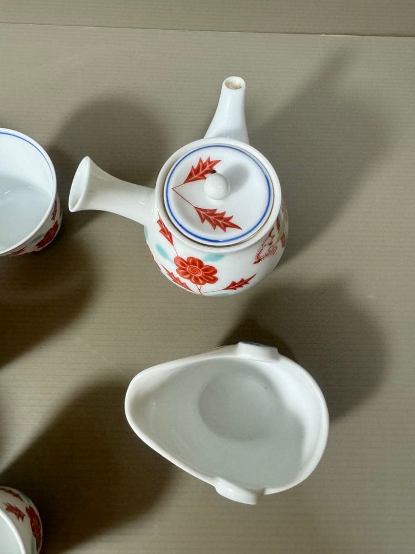 2171 深川製磁　赤絵花草　茶器セット　急須1客　湯冷し1客　湯呑5客
