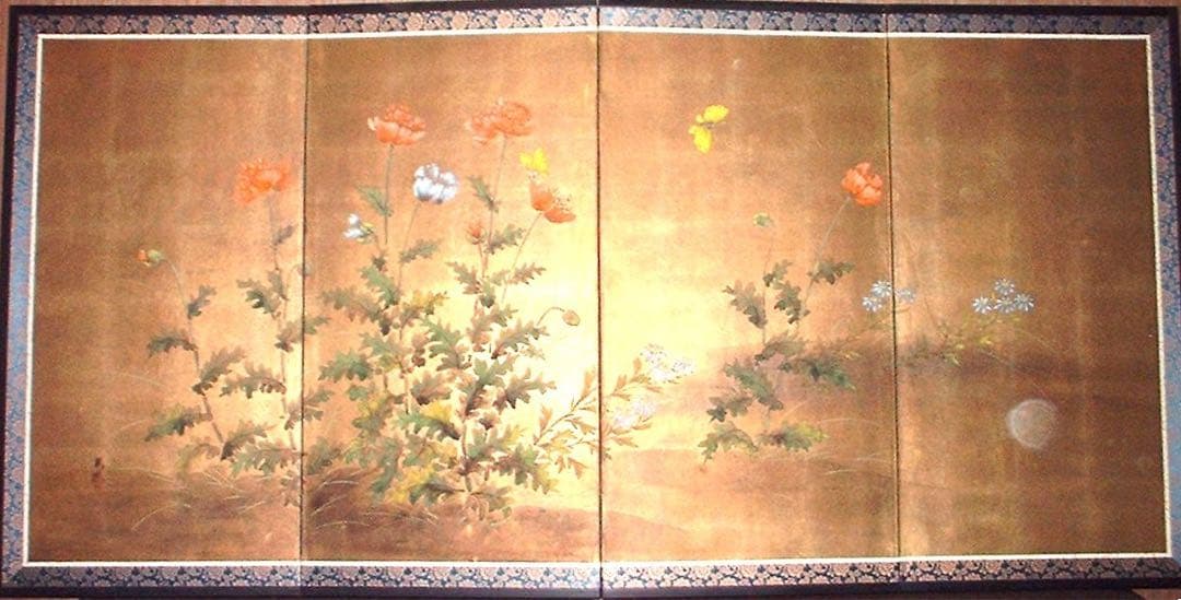 三つ折り四曲屏風　日本画　金箔着色　ケシ花に蝶