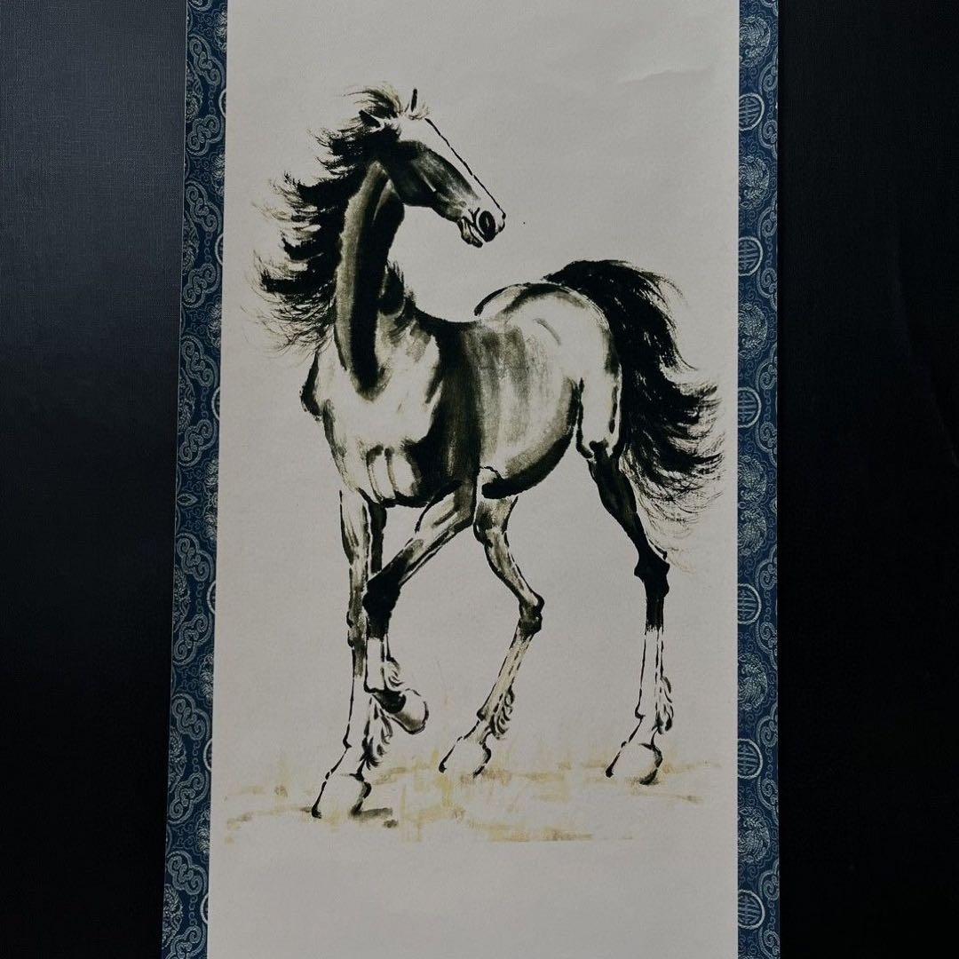 四条屏・名人字画　徐悲鴻「奔馬図」掛け軸　墨馬・装飾屏風　美術掛画
