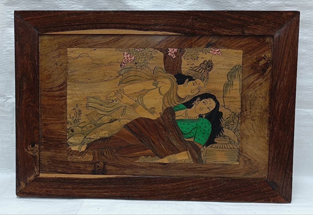 ヴィンテージ　インド　1944年　木象嵌額装　はめ木細工絵画