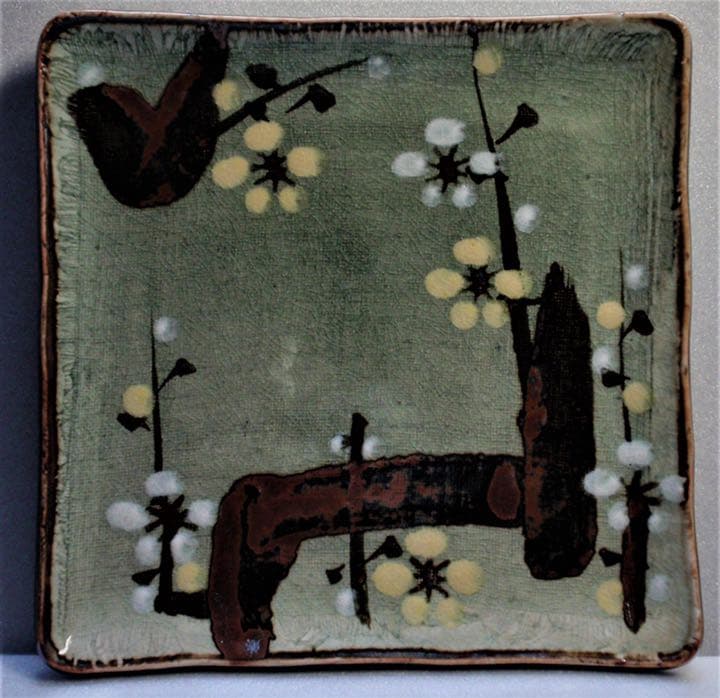 織部焼　青織部　瀬戸赤津焼　菓子器揃　角皿1客・銘々皿５客組