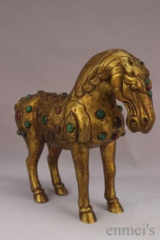 中国古美術 旧蔵 鍍金銅馬 精銅製 鍍金装飾 彫刻馬像 置物 純手作り 古美味