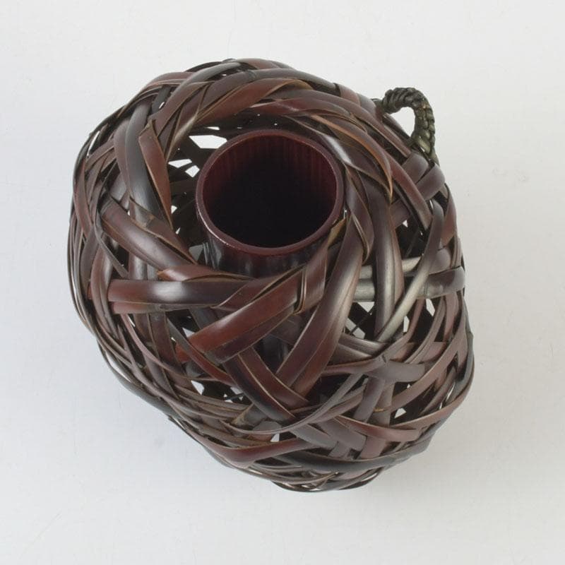 茶道具　竹峰造　古竹細工　鳳尾竹　掛花籠　竹籠　共箱　V　9784