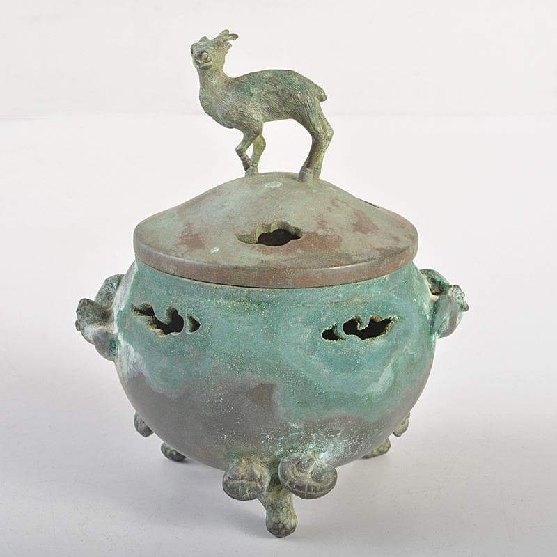 平安　秦蔵六造　青銅　鹿摘　霊芝三つ足香炉　共箱　M　R7402