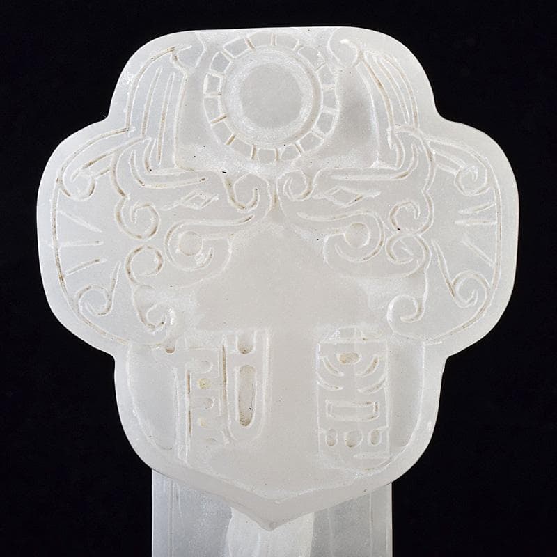 中国　玉石白玉彫刻　神獣刻　如意　M　R8033