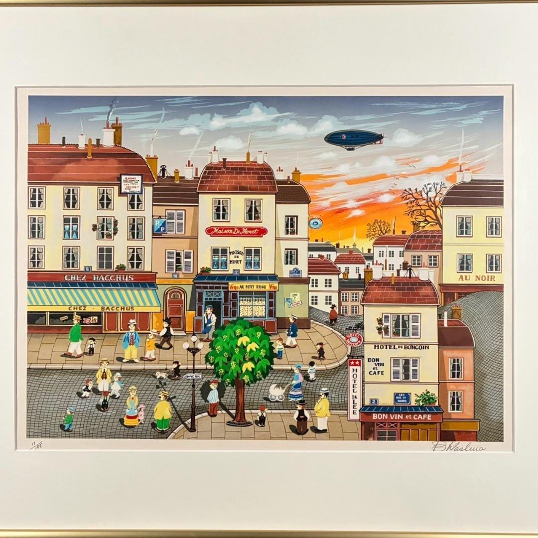 美品 ビン・カシワ「パリの夕暮れ」リトグラフ 直筆サイン入 額縁入 ヒロヤマガタ