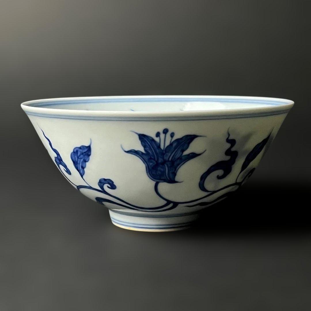唐物 青花花紋碗 大明成化年製 款 中国美術 古玩 SH93