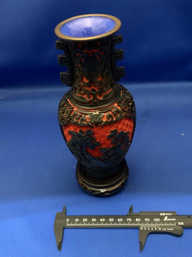 村上堆朱 黒堆朱花瓶 径83xh200台含