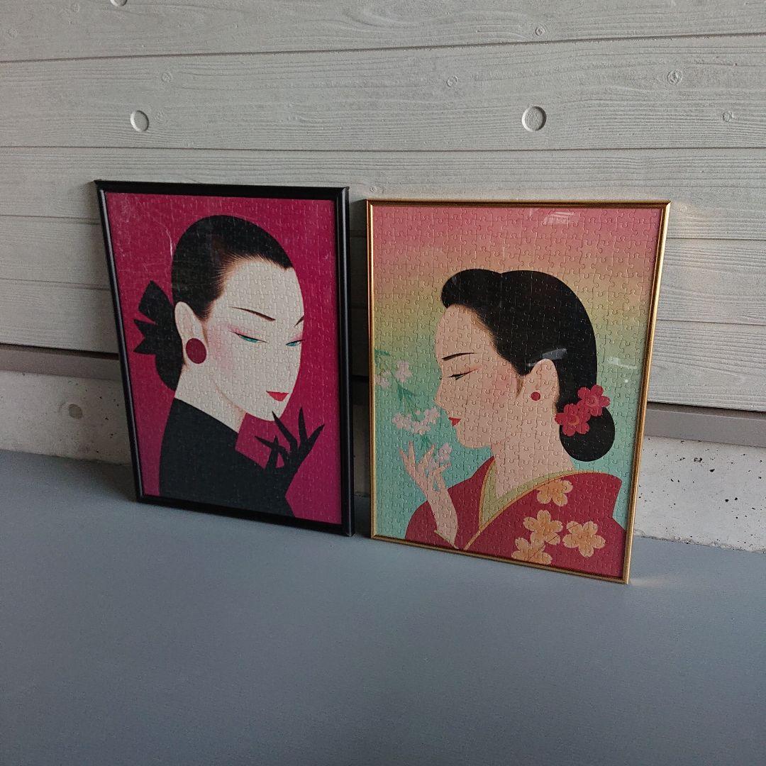 鶴田一郎 魅惑の時 華(はな) 希少 レア美人画 パズル 完成品 額付２枚セット