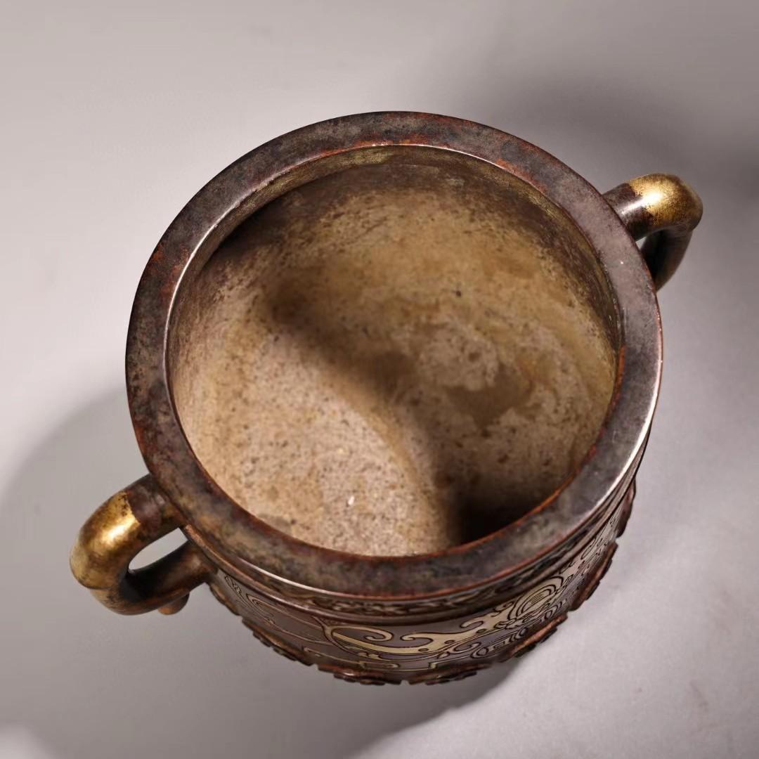 中国古美術・旧蔵錾刻鎏金香炉・純紫銅细密彫・純手作り・高浮彫・置物・仏具・文房具