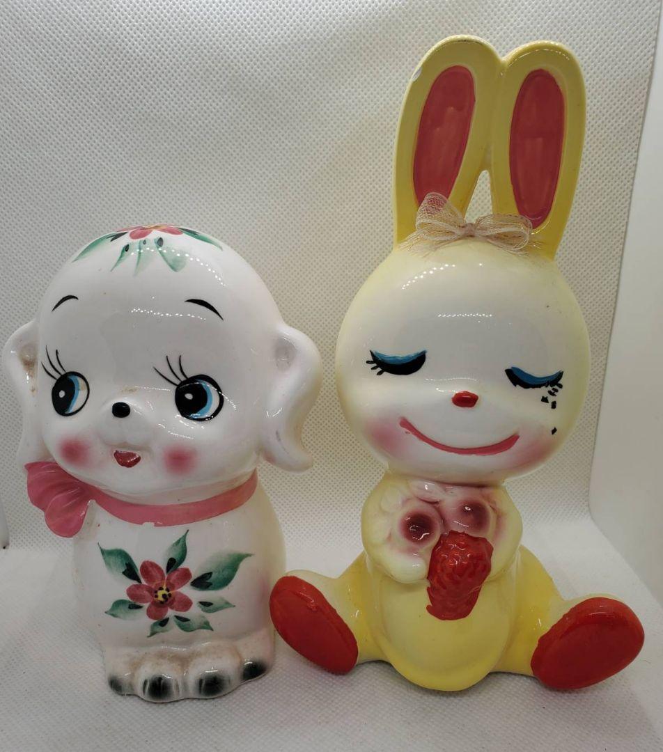 昭和レトロ 陶器 猫 うさぎ 置物 可愛いセット Retro Kawaii