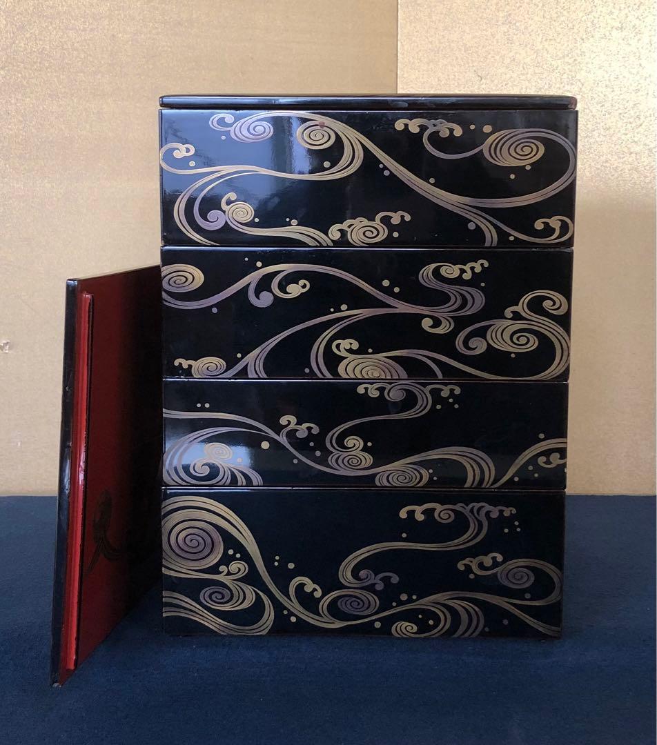 《R》黒内朱 波蒔絵 四段重 替蓋付 木製漆器 木箱　260121き6