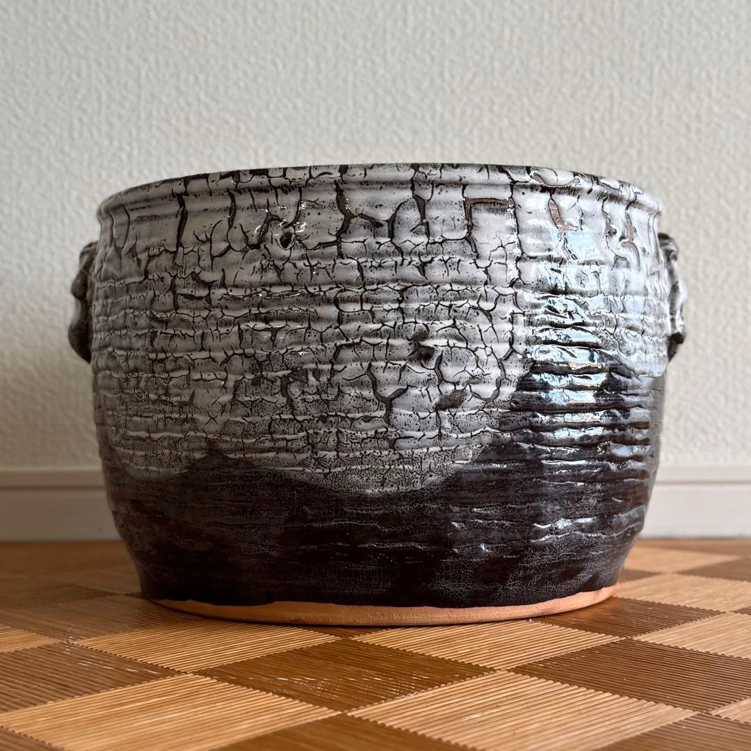 SNT1314 備前焼 裂紋 耳付火鉢 作家物 茶室の整理品 古道具 睡蓮鉢