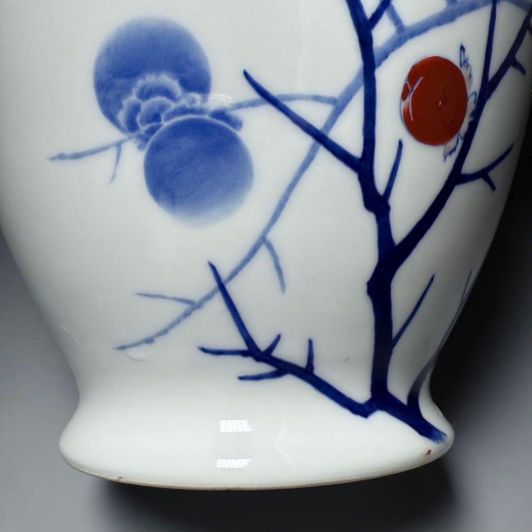 オールド深川製磁　錦手　柿鳥図花瓶　高さ24cm　オブジェ　インテリア