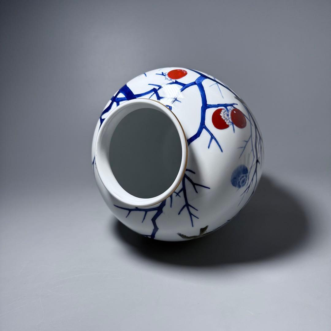 オールド深川製磁　錦手　柿鳥図花瓶　高さ24cm　オブジェ　インテリア